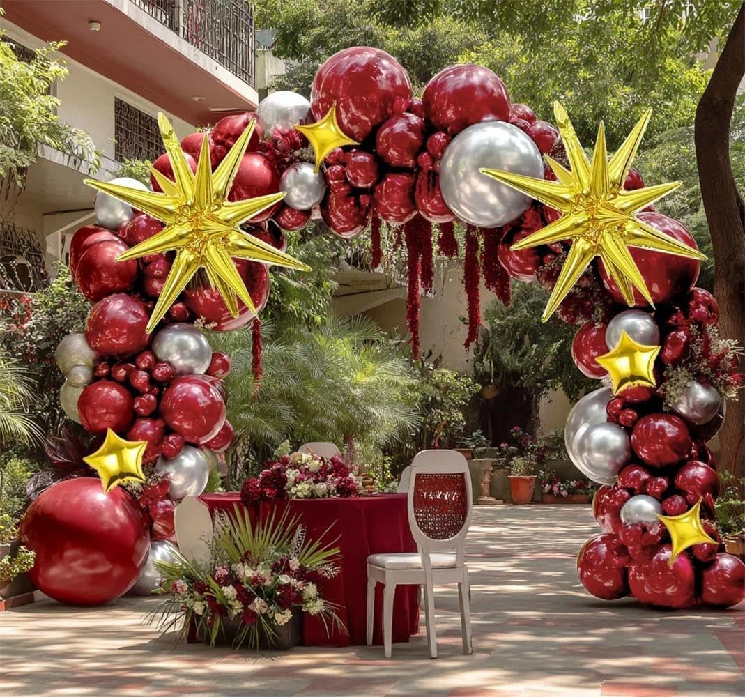 Burgundy Balloons Double Stuffed Wine Red Gold Foil Explosion Star Balloon Garland Different Sizes Maroon Ruby Red Balloon Arch Kit for Birthday Christmas Party Decor