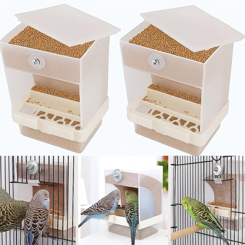 No Mess Bird Feeder, Automatic Acrylic Seed Catcher with Perch, Clear Food Container for Cage, Fits Parakeet, Cockatiel, Canary, Finch, Budgie, Lovebird (2 Pack)