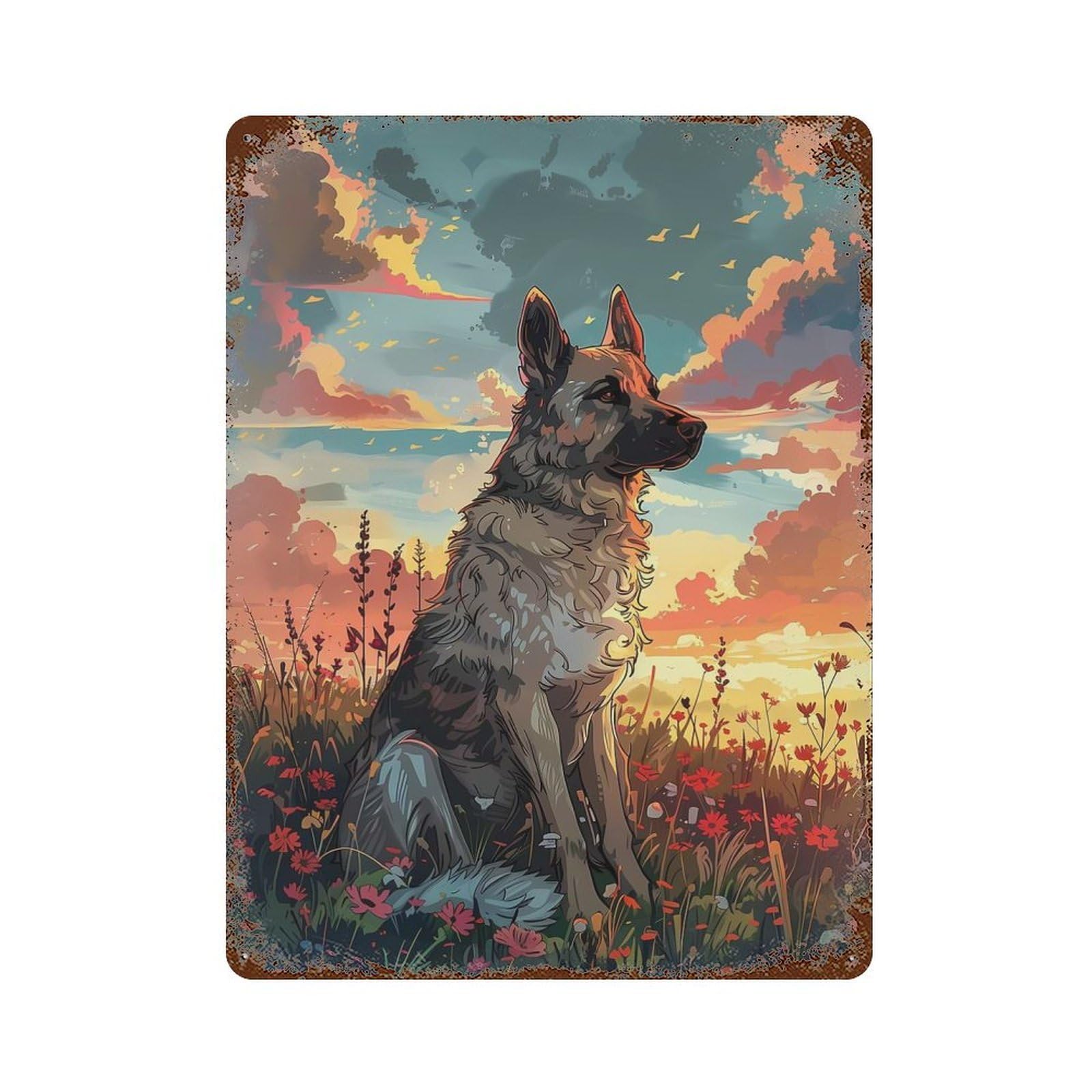 German Shepherd Sunset Weathered Tin Sign 15.7"x11.8", Novelty Wall Decor for Garage, Pub Or Kitchen