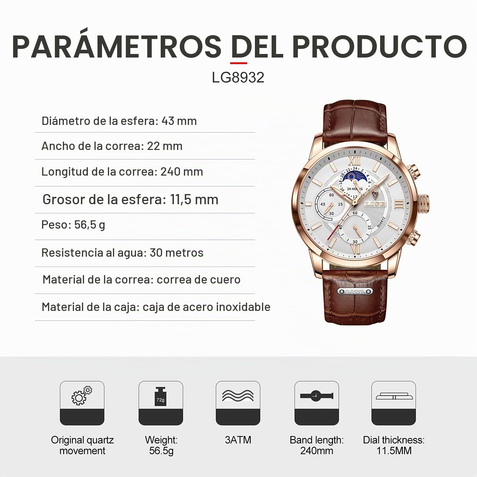 LIGE Relojes Hombre, Reloj de Pulsera de Cuero con Correa de Cuero para Vestido de Negocios de Cuarzo Analógico a Prueba de Agua a la Moda para Hombres