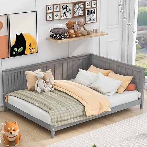 Miniatura 18 de JINS&VICO Sofá cama, cama de madera tamaño individual, cama de día moderna de mediados de siglo con marco de madera, sofá cama con respaldo y