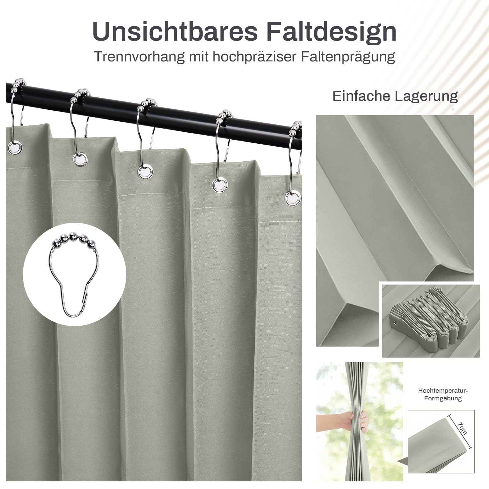 Rideau de séparation extra large H 213 x 254 cm - Imperméable - Avec crochets - Pliable - Pour salle de bain, chambre à coucher, salon, bureau, brise-vue - Gris clair