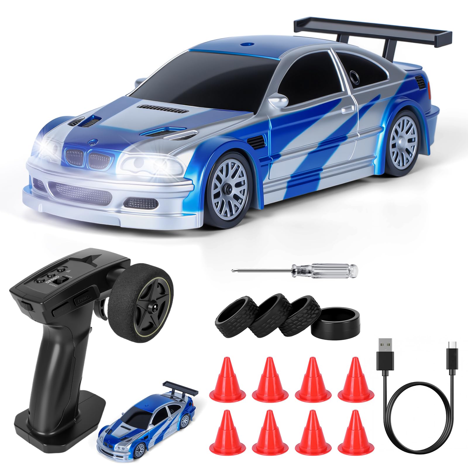 JONRRYIN Coche Teledirigido Drift, 1:43 Mini Drift RC Car, 4WD Car Radiocontrol con Luces LED, 15km/h, Coche Teledirigido de Juguete para Niños Mayores de 14 Años (Azul - Estándar)