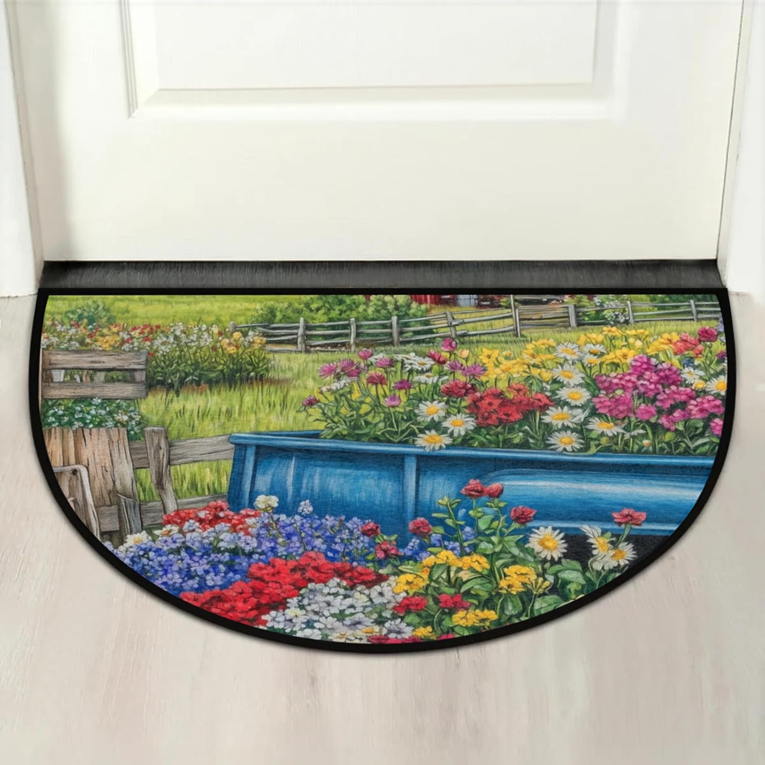 Half Round Door Mat Spring Flowers American Banner Non-Slip Semi Circle Area Rug Washable Semi Circle Floor Rug for Indoor Outdoor Living Room Bathroom Kitchen Patio Hearth Rugs Home Decoration