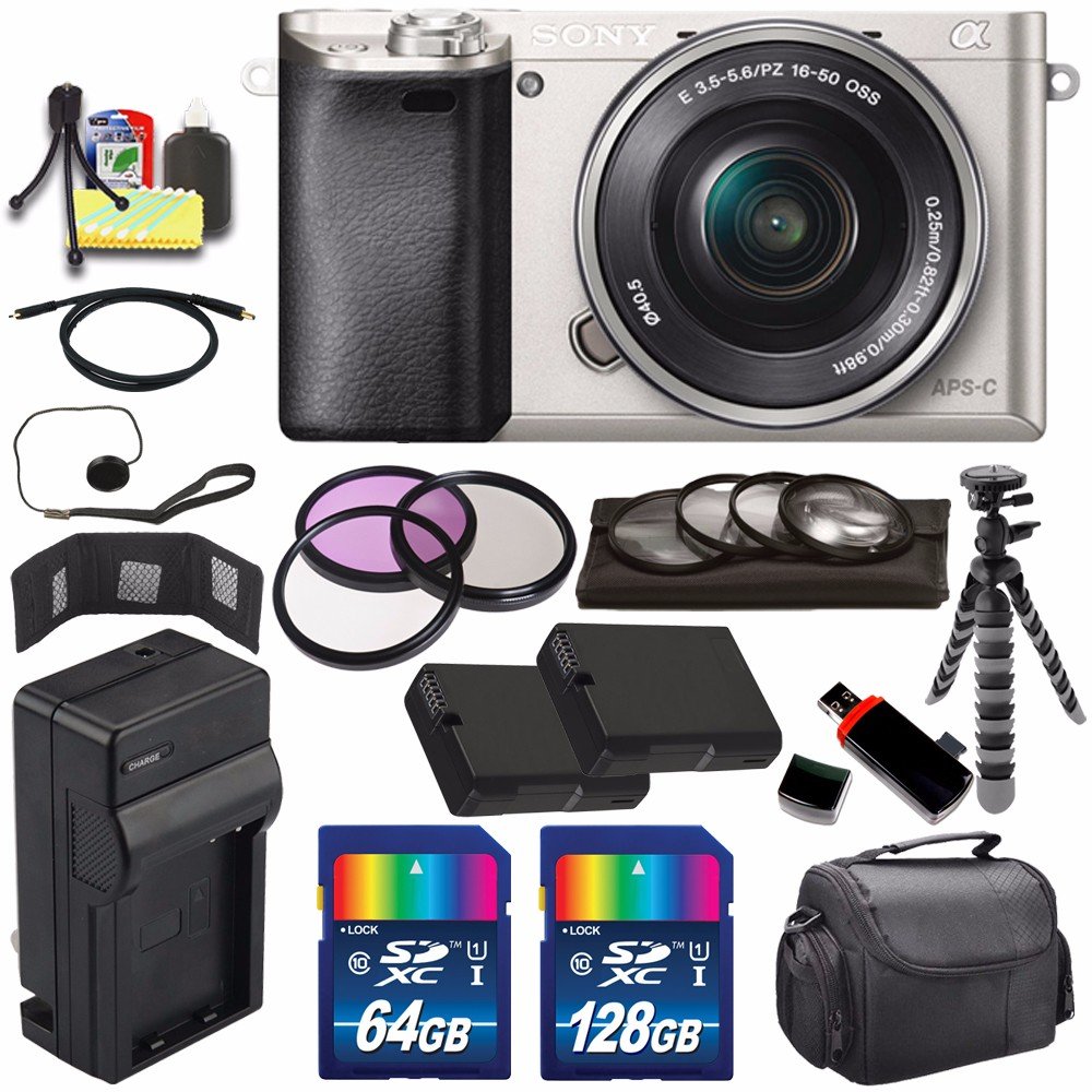 Sony Alpha a6000 Mirrorless Digital Camera with 16-50mm Lens (Silver) + Battery + Charger + 196GB Bundle 9 - International Version (No Warranty)