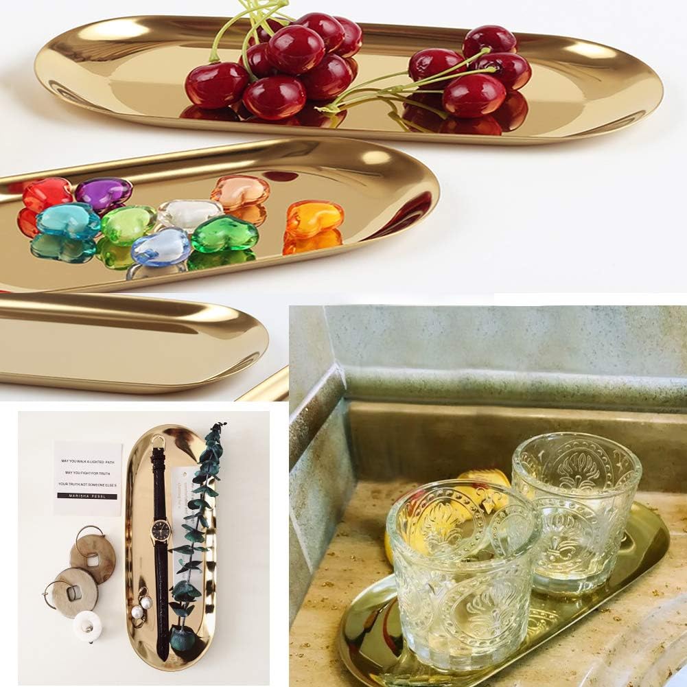 2 Pieces Gold Jewelry Tray(9 Inch) - Hand Towel Storage Tray, Bathroom Vanity Tray,Stainless Steel,Oval