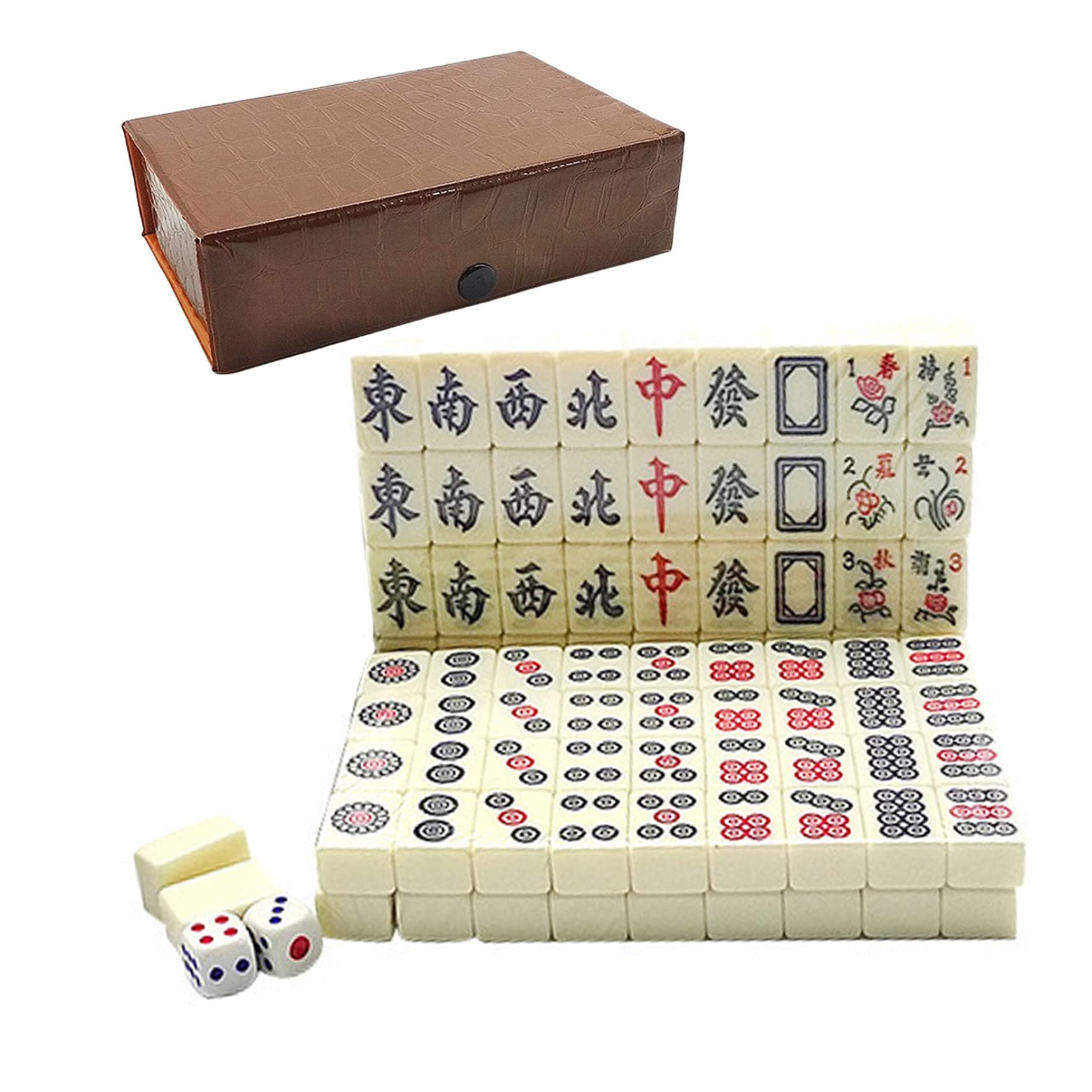 Florauspicious Ensemble de mahjong chinois – avec 146 carreaux, 2 dés de style chinois pour voyage, réunion de famille, fête