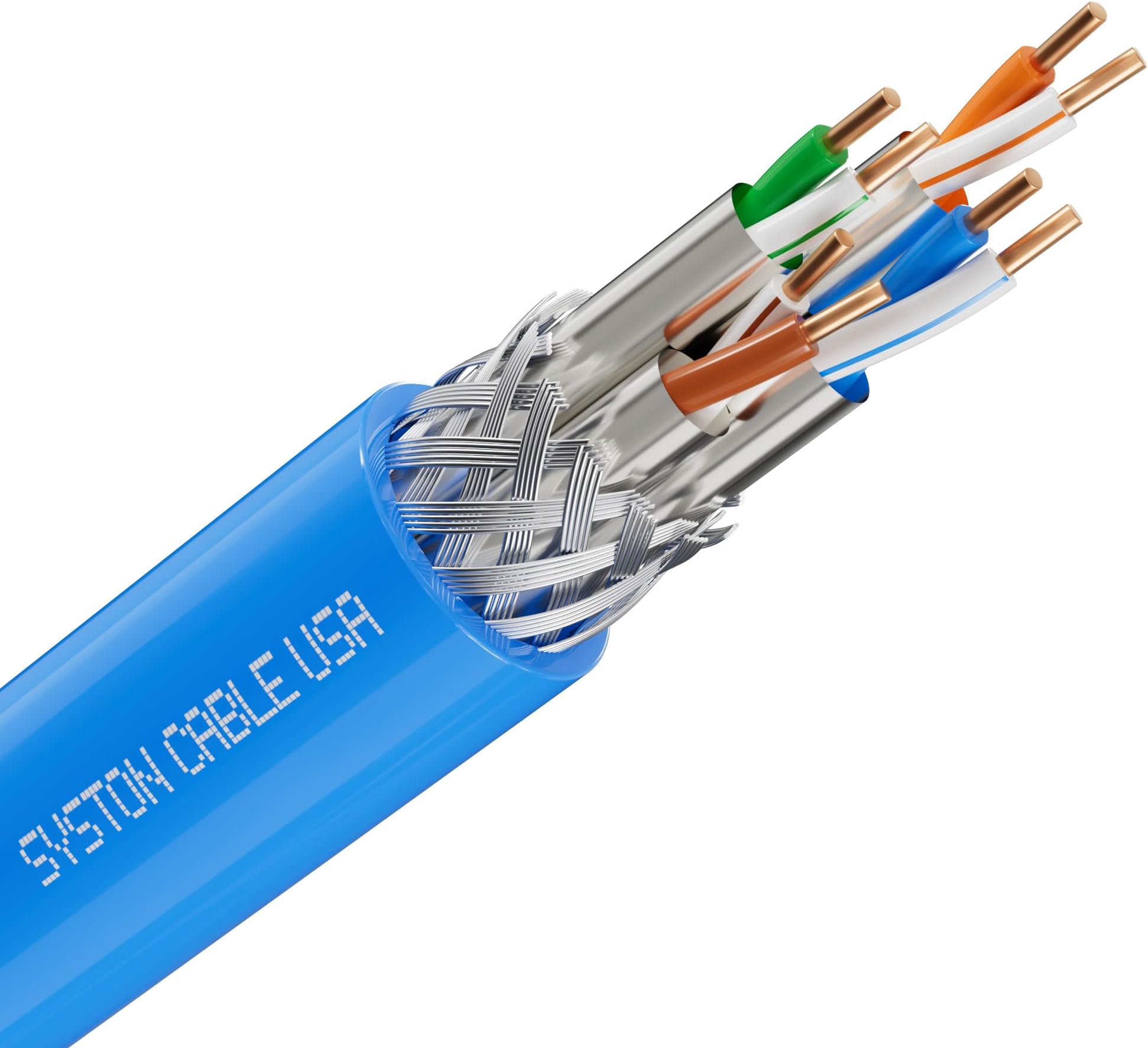 Cat8 Ethernet Cable 2000MHz Bulk Raw 100 ft Solid Bare Copper Wire S/FTP Individual Shielded Tinned Copper Braid Shield 4 Pair 22 AWG Riser Rated CMR FT4 Sunlight Resistant 1 ft to 1000 ft Available