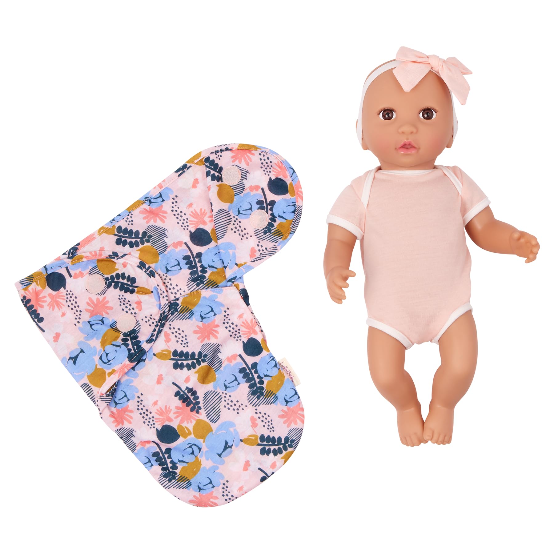 LullaBaby Realistyczna lalka niemowlęca 35 cm – kwiatowy przewijacz i różowa opaska na głowę z kokardą – Hazel Eyes & Fair Skintone – udawaj zabawę przez ponad 2 lata, laleczka niemowlęca i zawijane