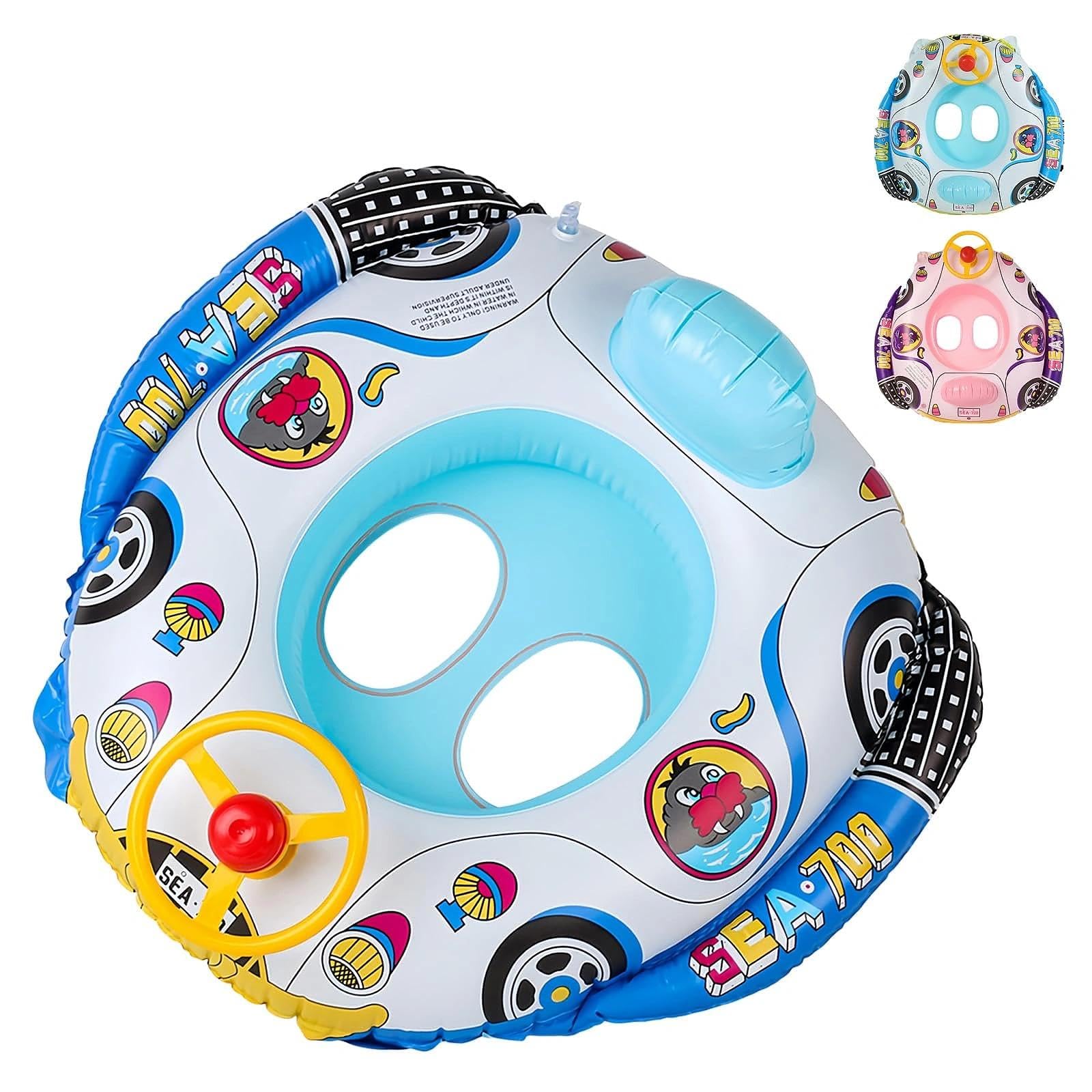HUANYO Kids Car Inflatable Swim Ring, Vehicle-Shaped Pool Float with Safety Valves & Anti-Slip Handles, Fun Water Toy for Children Ages 2-6 for Beach, Pool, Lake (blue)