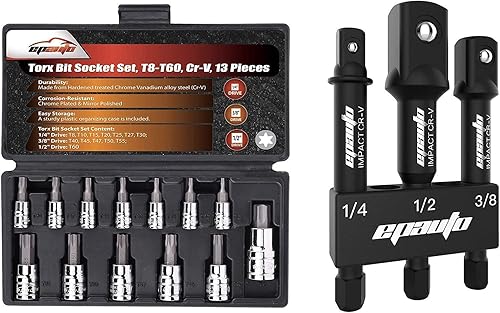 EPAuto Torx Juego de llaves de vaso T8-T60 (13 piezas) + juego de adaptadores de enchufe (1/4, 3/8, 1/2, 3 juegos)