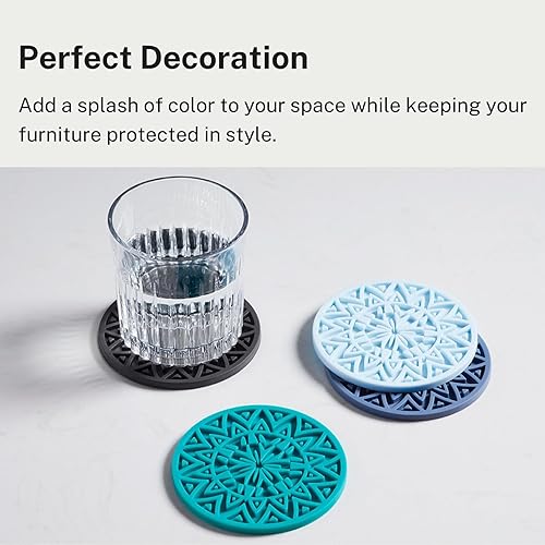 Miniatura 4 de Juego de 6 posavasos de silicona azul marino con soporte, posavasos con forma de patrón tribal, para protección de mesa, antideslizantes,