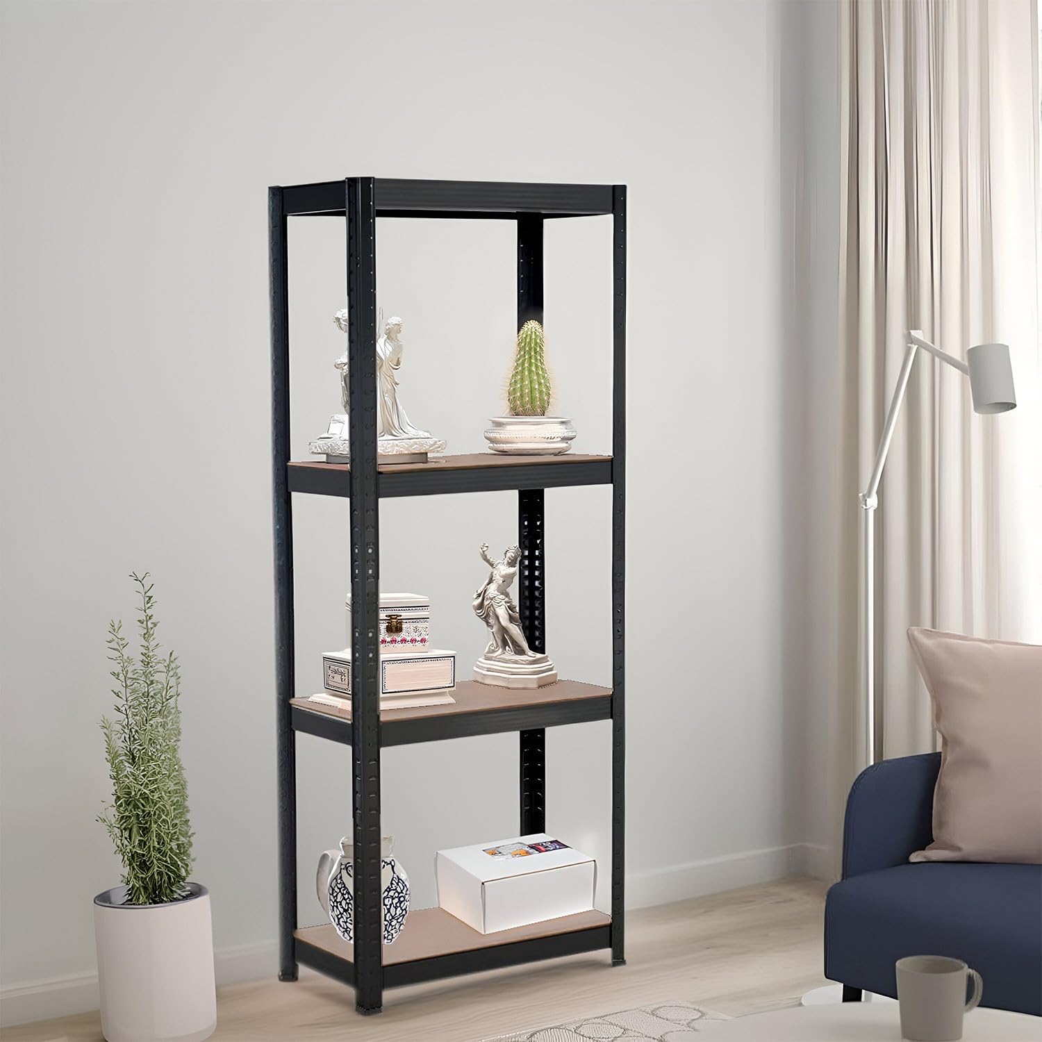 7H SEVEN HOUSE - Estantería Modular Metálica, Acero y MDF Antihumedad, Hogar, Trastero, Cocina, Oficina, Despacho, 4 Baldas Ajustables, Máx. 240Kg, 60x30x148cm (largo x ancho x alto), Color Negro