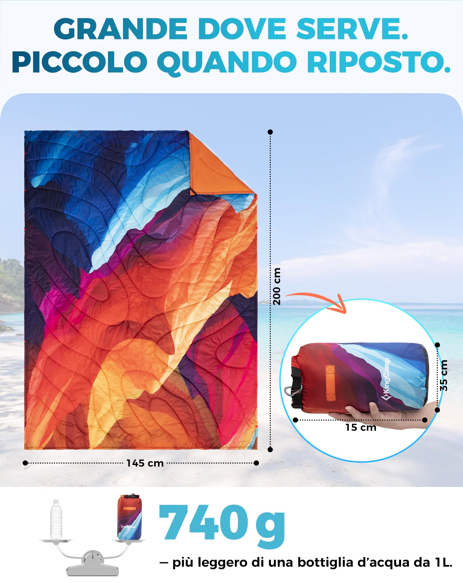 KingCamp Coperta da Campeggio Ultraleggera e Impermeabile,200 x 145 cm,Indossabili,Coperta Termica da Viaggio Ripiegabile per Picnic all'aperto,Spiaggia,Escursionismo,Auto,Interni,Colori Dipinti