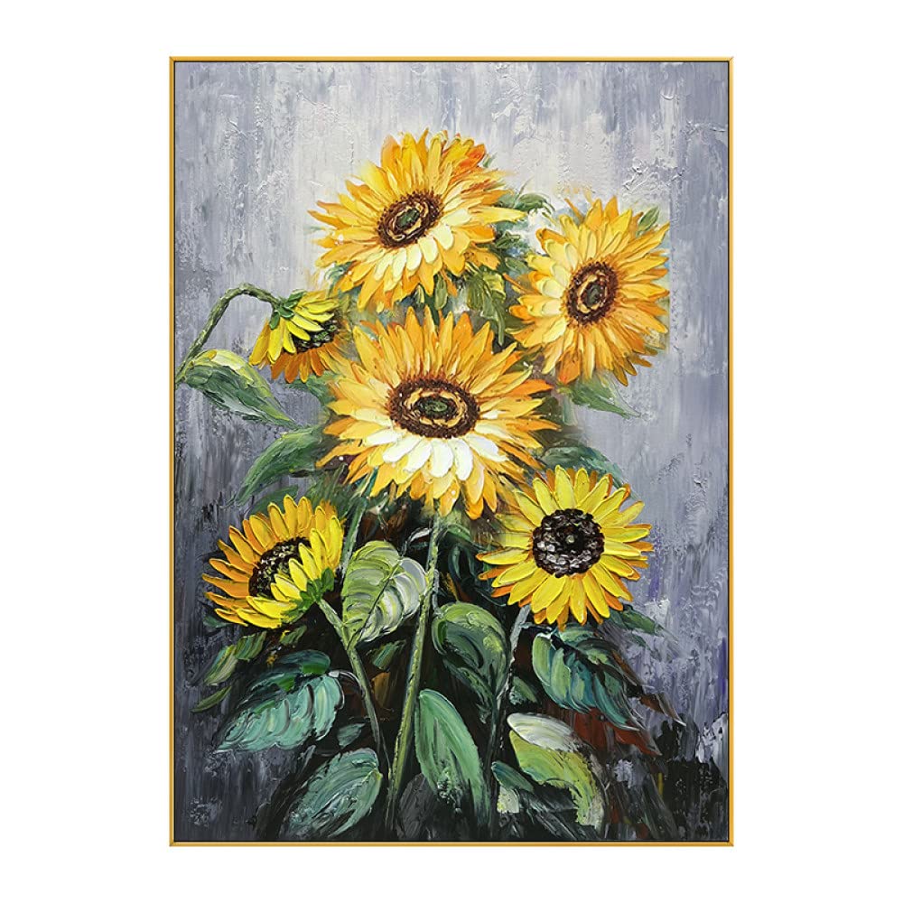 Hand Painted Oil Painting on Canvas Wall Art,Retro Sunflower Thick/3d Floral Painting,Hotel Mural Textured Abstract Modern,Large Artwork Home Decor Paintings for Living Room Bedroom Gift