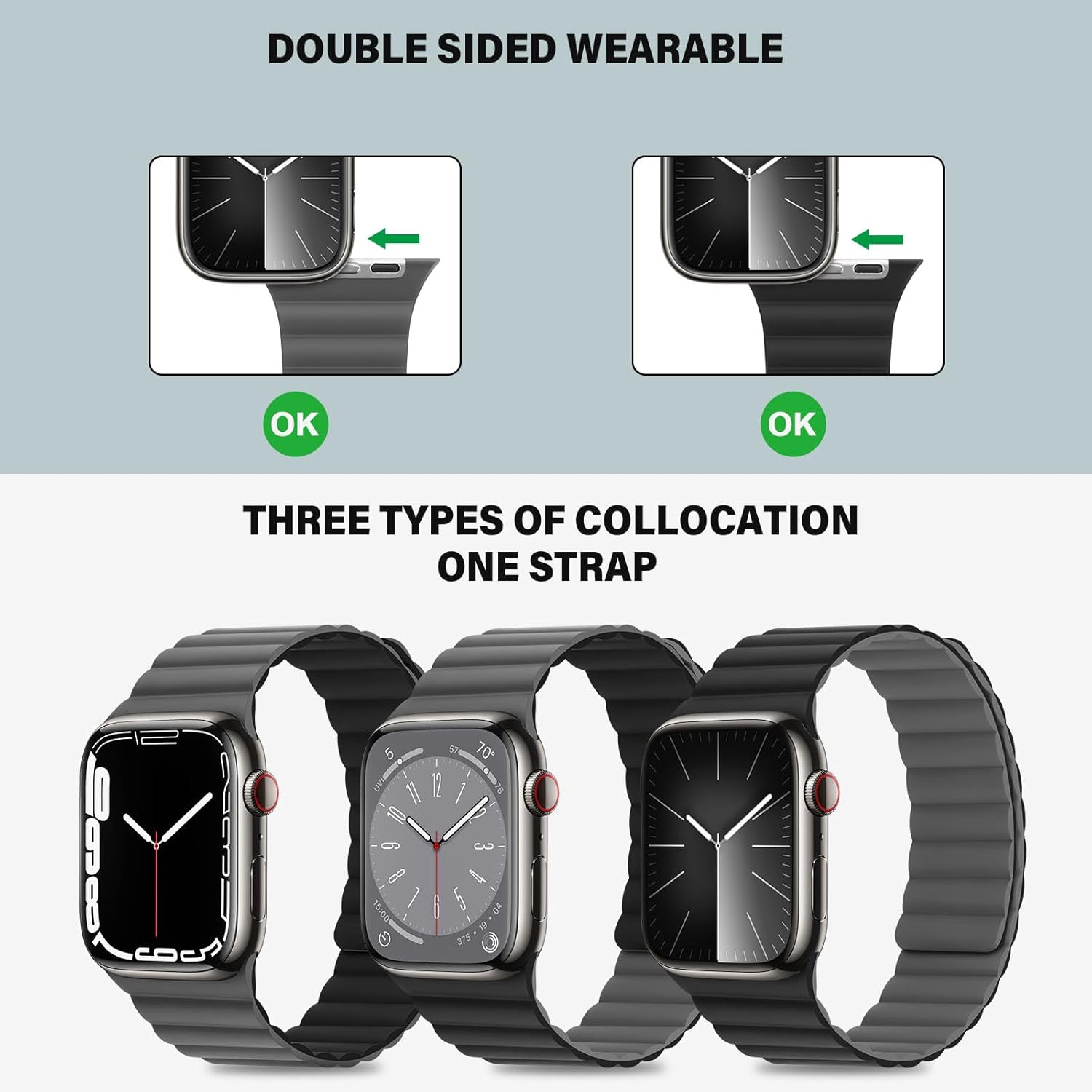 Compatible with Apple Watch Band 49 46 45 44 42 41 40 38mm, Double Sided Wearable Silicone Magnetic Strap for iWatch Ultra SE Series 11 10 9 8 7 6 5 4 3 2 1 (38/40/41/42, Black/Gray) - Image 3