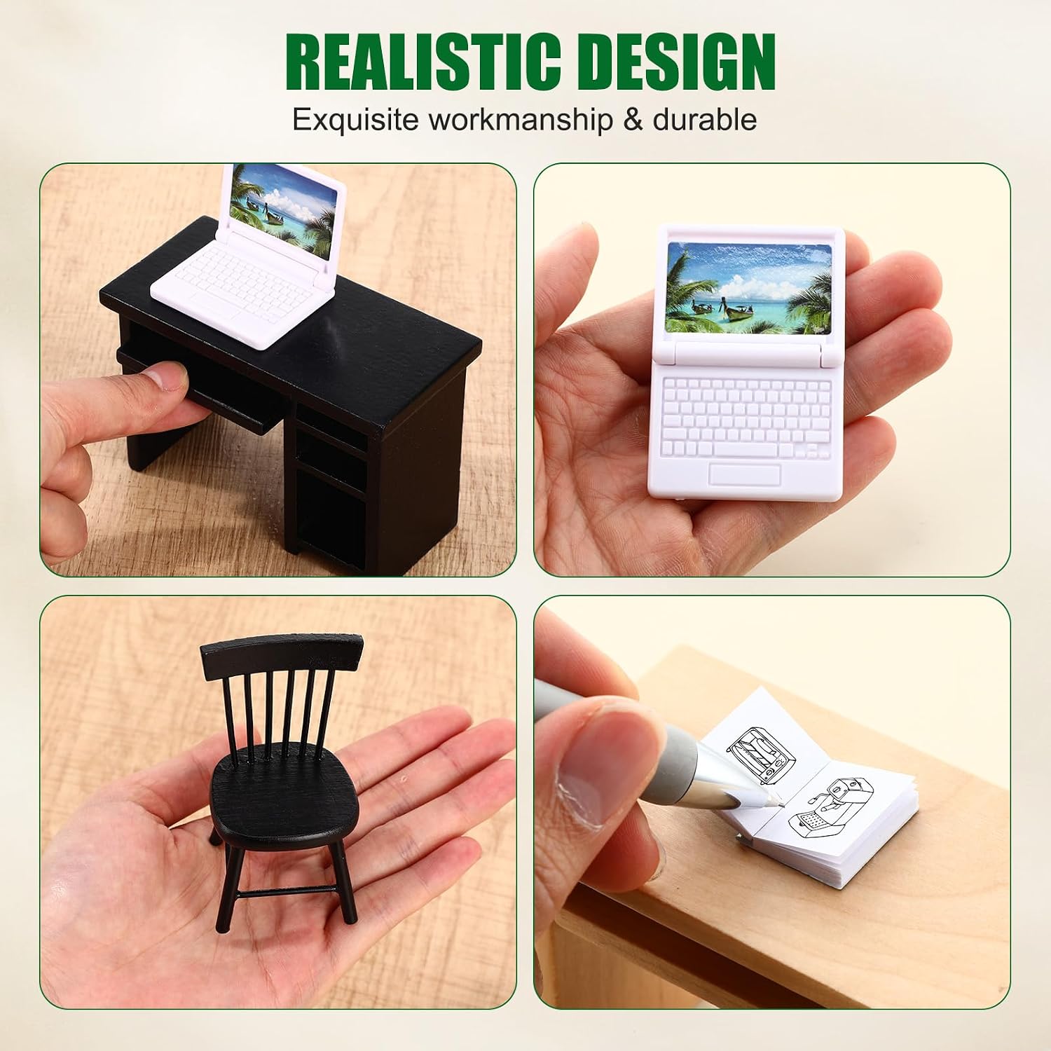 10 Pcs Miniature Dollhouse Furniture Accessories Include Mini Laptop Computer Miniature Book Office Table Wooden Mini Dollhouse Furniture 1/12 Scale Miniatures Model Set (Black)