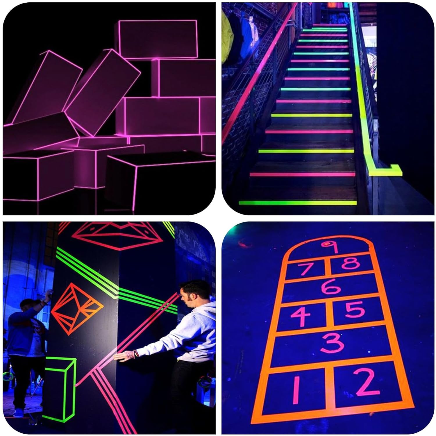 6 Colors Neon Gaffer Cloth Tape Fluorescent Rainbow Color UV Blacklight Tape Neon Duct ReflectiveTape for UV Party Theatres Staged Dark Areas