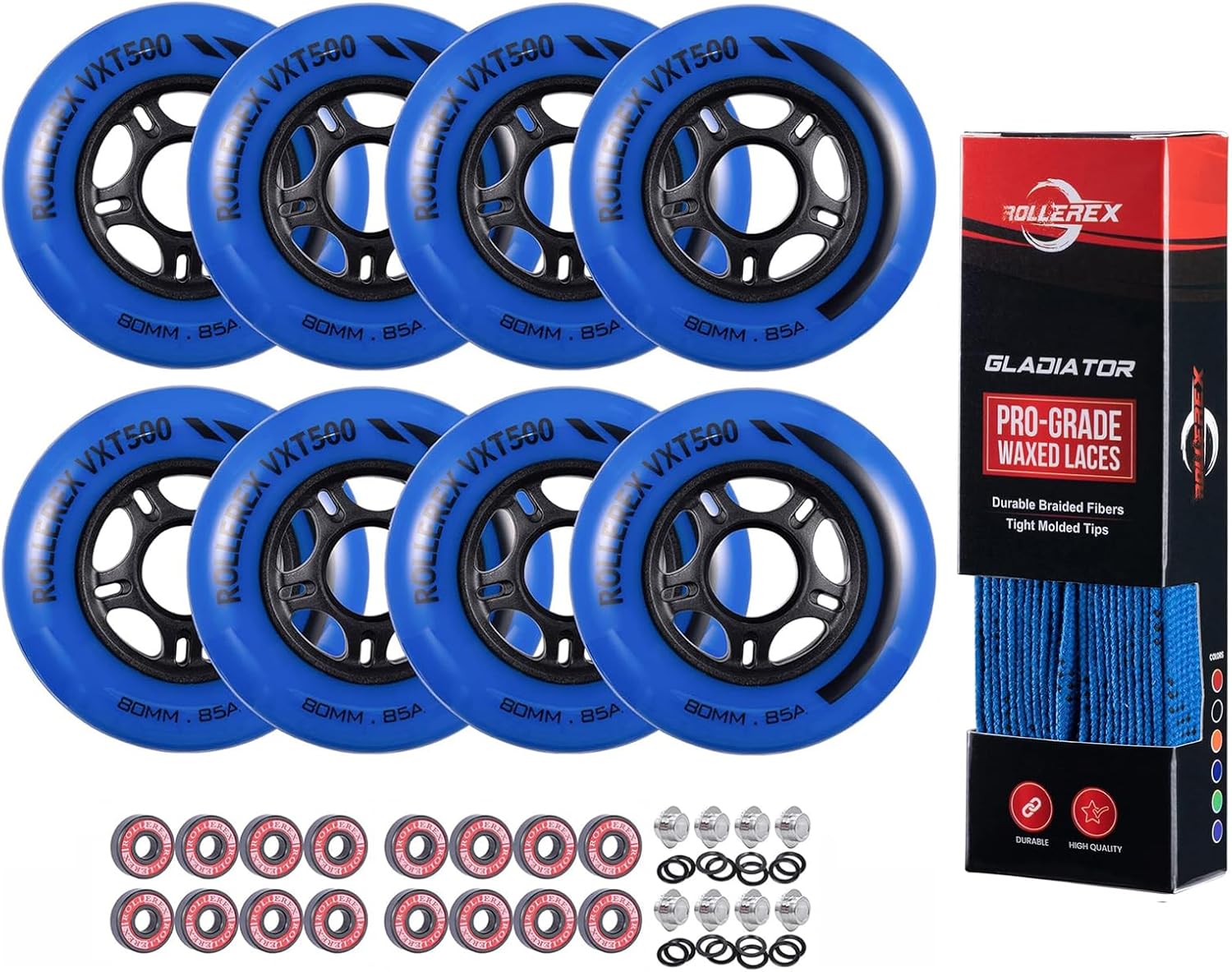Rollere VXT500 Inline Skate Wheels Steel Black 80mm Deep Sea Blue (8 Wheels w/Bearings, spacers and washers) Gladiator Waxed Skate Laces Deep Sea Blue, 72"-Intended for Roller Blade Wheel Replacement