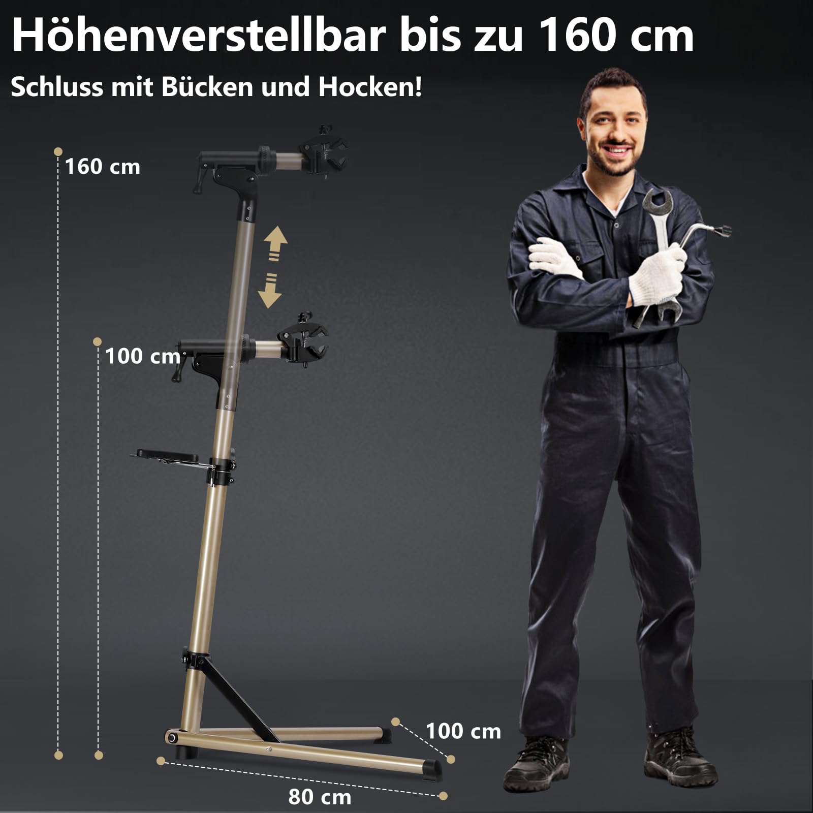 Urban Deco Support de réparation de vélo Support de vélo en aluminium pour l'entretien, capacité de 30,8 kg, réglable en hauteur, pince rotative à 360°, plateau à outils inclus