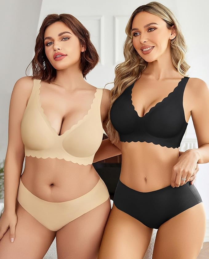 Avidlove Naadloze beha voor dames, V-hals, zonder beugel, bh, golvende push- up, grote borsten, comfortabele klassieke beha, zacht gevoerd, bralette, naadloos, T-shirt, slaapbeha, beige, S