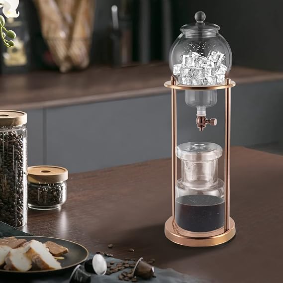 Ice Drip Coffee Maker, 600ml/20.29oz Luxury Cold Brew Coffee Maker in Stainless Steel and Borosilicate Glass, Retro-Style Coffee Maker For Serving 6-8 People At One Time (Gold)