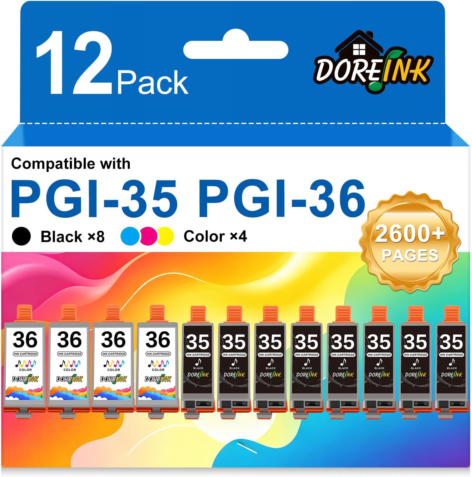 12 Pack PGI-35 CLI-36 Ink Replacements for Canon TR150 Ink Cartridge, Compatible for Canon 35 36 Ink Cartridge Work with TR150 iP110 iP100 Mini260 Mini320 Printer (8 Black, 4 Tri-Color)