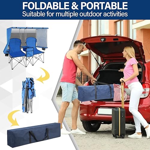 Miniatura 7 de BDL Silla de camping doble con toldo, sofá biplaza plegable para dos personas con sombra, silla de playa resistente con bolsa enfriadora, portavasos