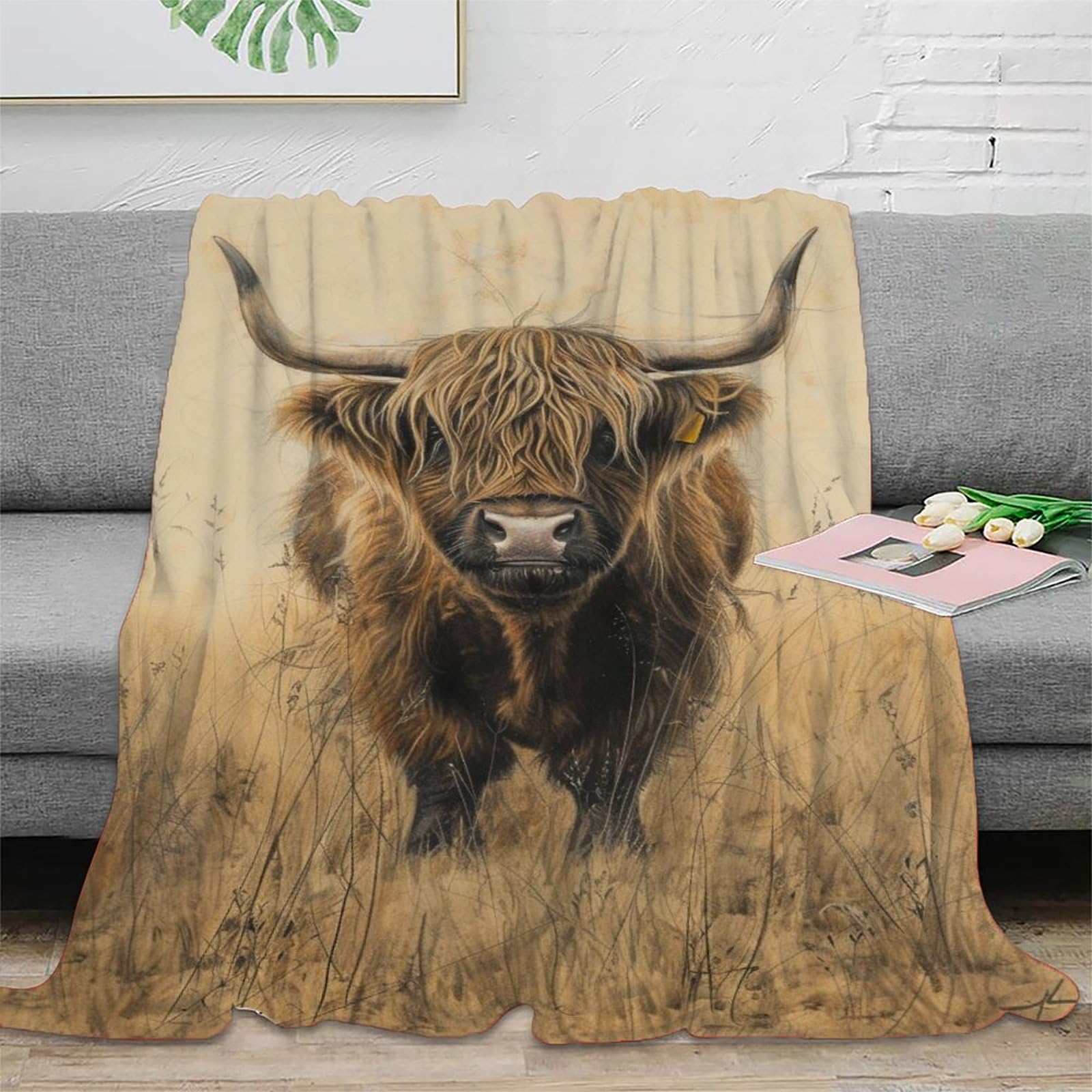 3D Printed Highland Cattle Throw Blanket Soft And Warm Super Soft Cozy Fuzzy Warm Throws with Anti-wrinkle/anti-tarnishing Lightweight for Bed And Sofa And Couch, Kids Adults 70x80inch(180x200cm)