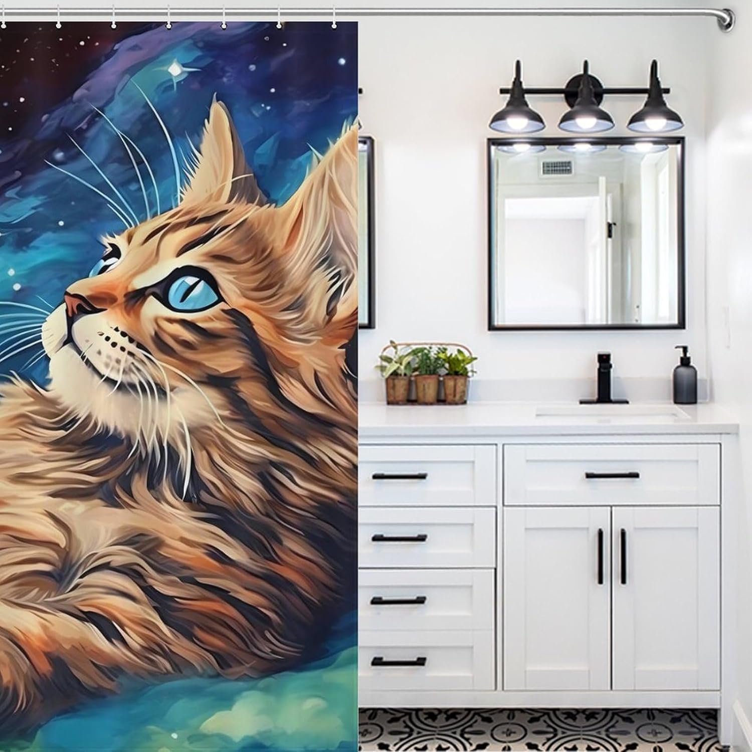 Cute Cat Playing with Butterfly Funny Shower Curtains Washable Bath Curtain Liner with Hooks for Bathroom Bath Tubs
