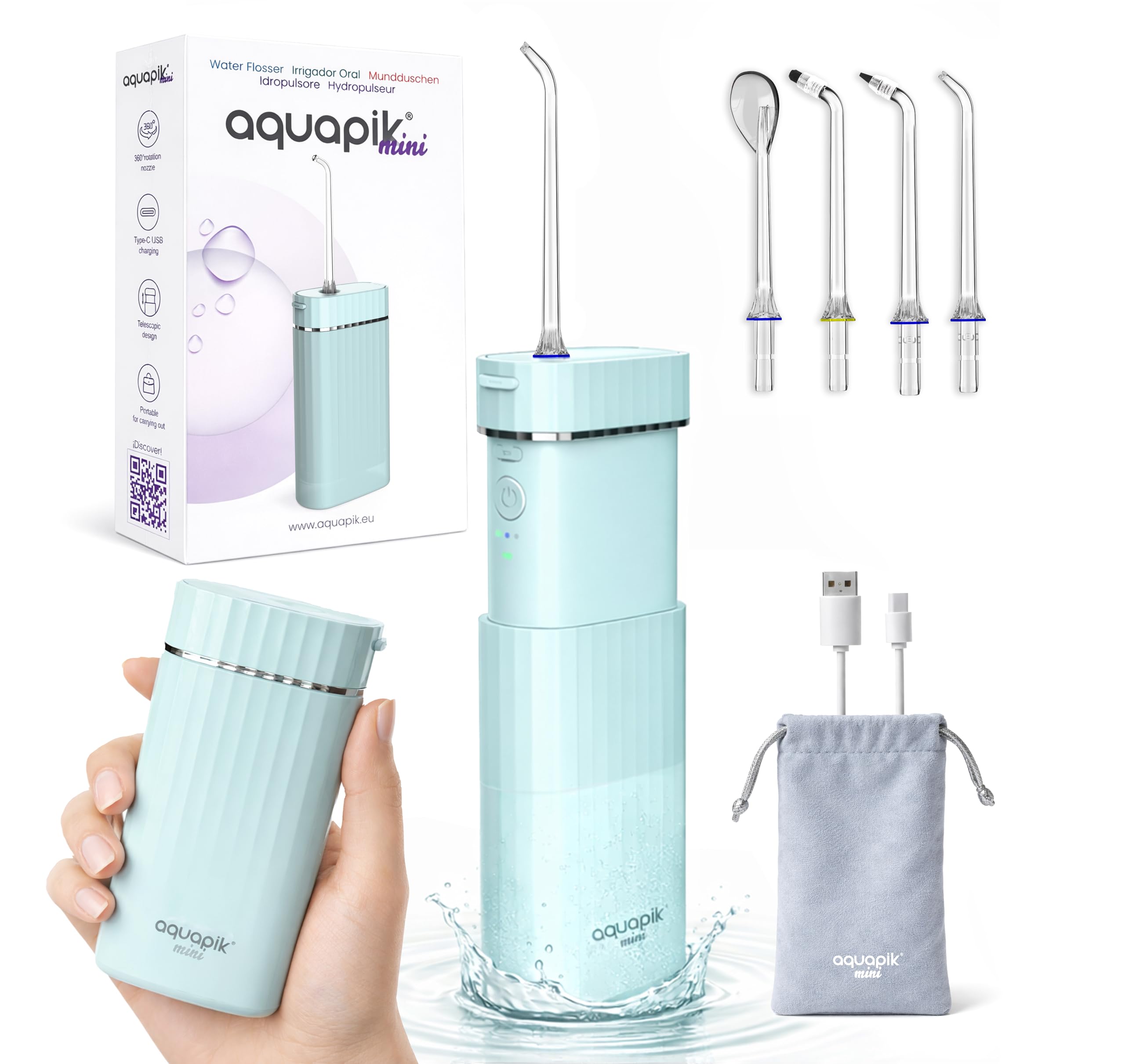 Boston Tech Aquapik Mini, hydropulseur portable, 200 ml, USB-C, IPX8
