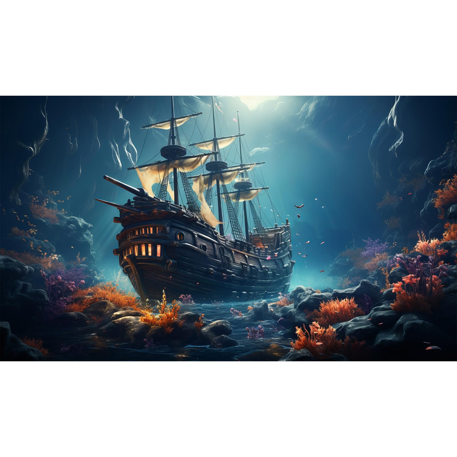 Sunken Ship Aquarium Background Under The Sea Pirate Shipwreck Fish Tank Background Tropical Coral Reefs Seabed Landscape Terrarium Background Tropical Sea Marine Life Aquarium Tank Wallpaper 72x16in
