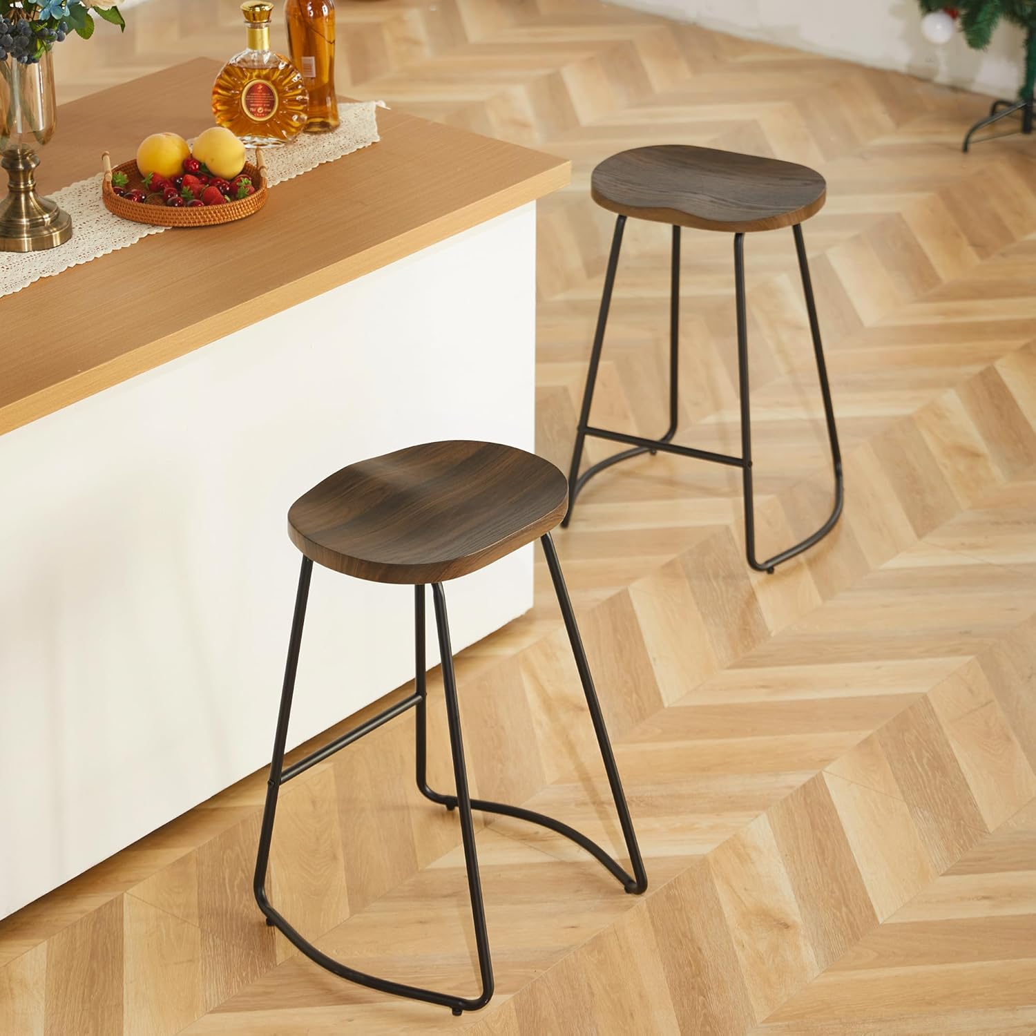 HeuGah Bar Stools Set of 3, Counter Height Saddle Seat Wood Bar Stools, 26" Backless Barstool for Kitchen Island, Brown Bar Chairs Easy to Assemble (Brown, 3 PCS 26Inch Counter Stools)
