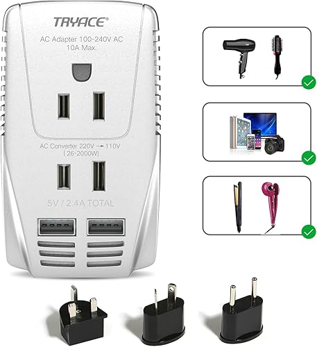 Convertidor de voltaje de viaje reductor de 220 V a 110 V, convertidor de corriente para secador de pelo, alisador, rizador, adaptador de corriente