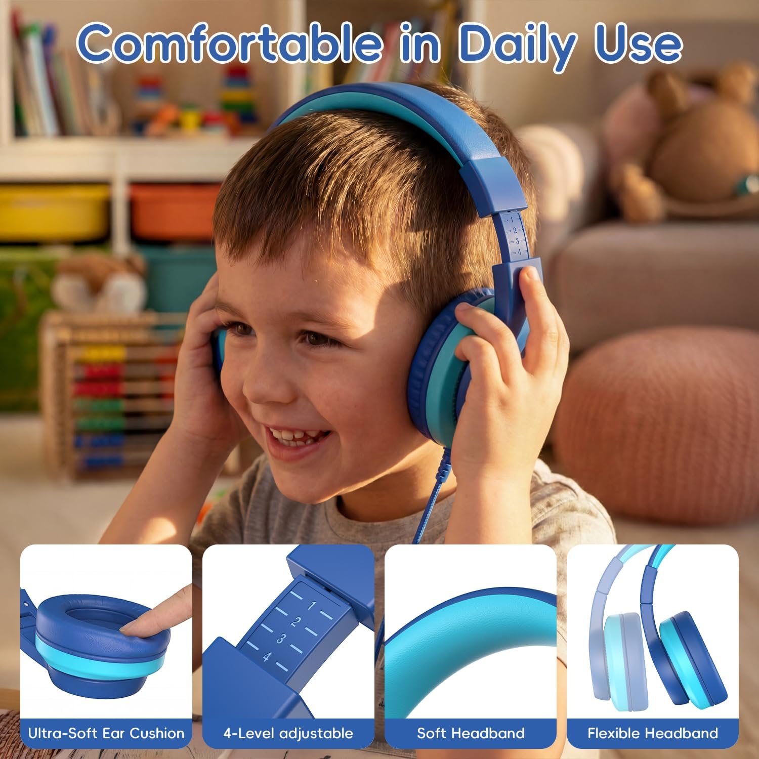 Candy Bila Wired Kids Headphones, USB Type C Headphones for Kids, 85dB Safe Volume, HD Stereo Sound,Comfortable Fit, Adjustable &Foldable, Ideal for Boys, Girls, School, Travel, iPad, Tablet,Bule