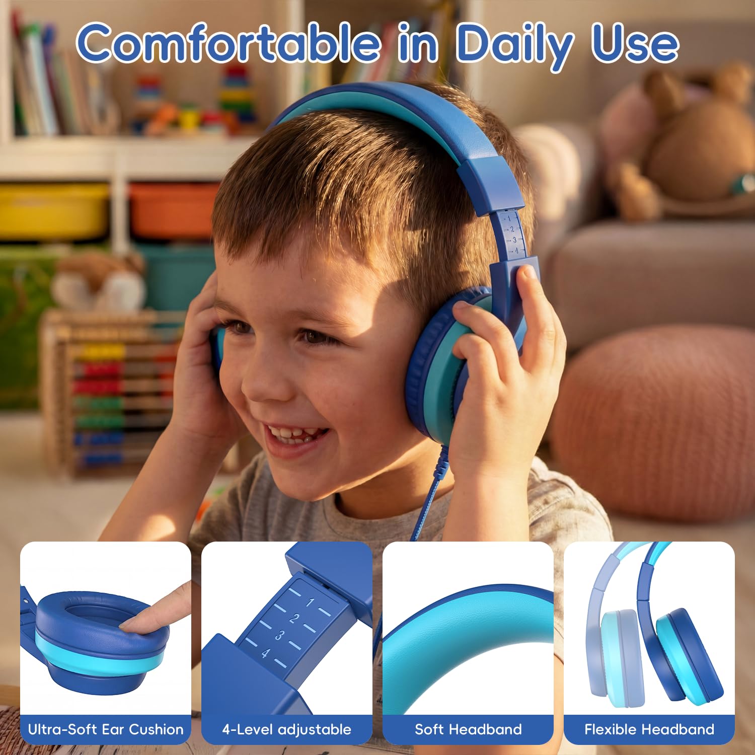 Candy Bila Cuffie per bambini, cuffie cablate per bambini sopra l'orecchio con microfono, limitatore di volume 85/94 dB, cuffie per ragazze e ragazzi, cuffie pieghevoli per apprendimento e