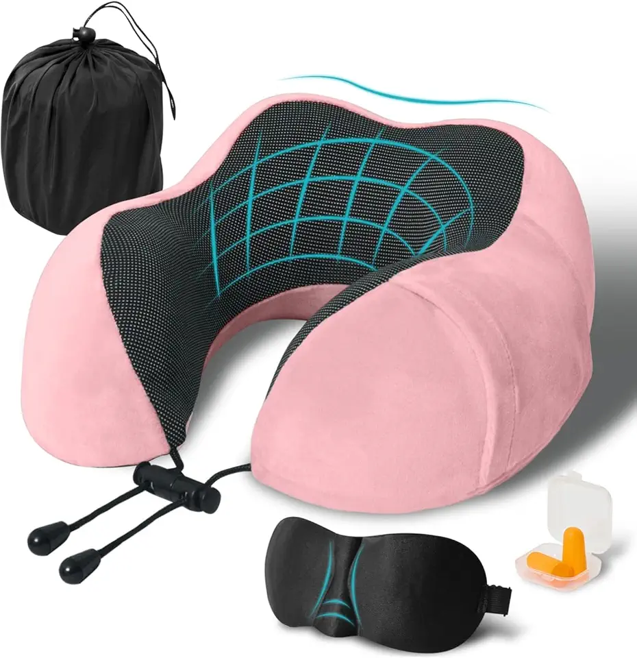 Travesseiro de Pescoço Formato U para Viagem Avião Carro Ônibus Almofada Ortopédica Ergonômica com Espuma Viscoelástica para Cervical(Rosa)