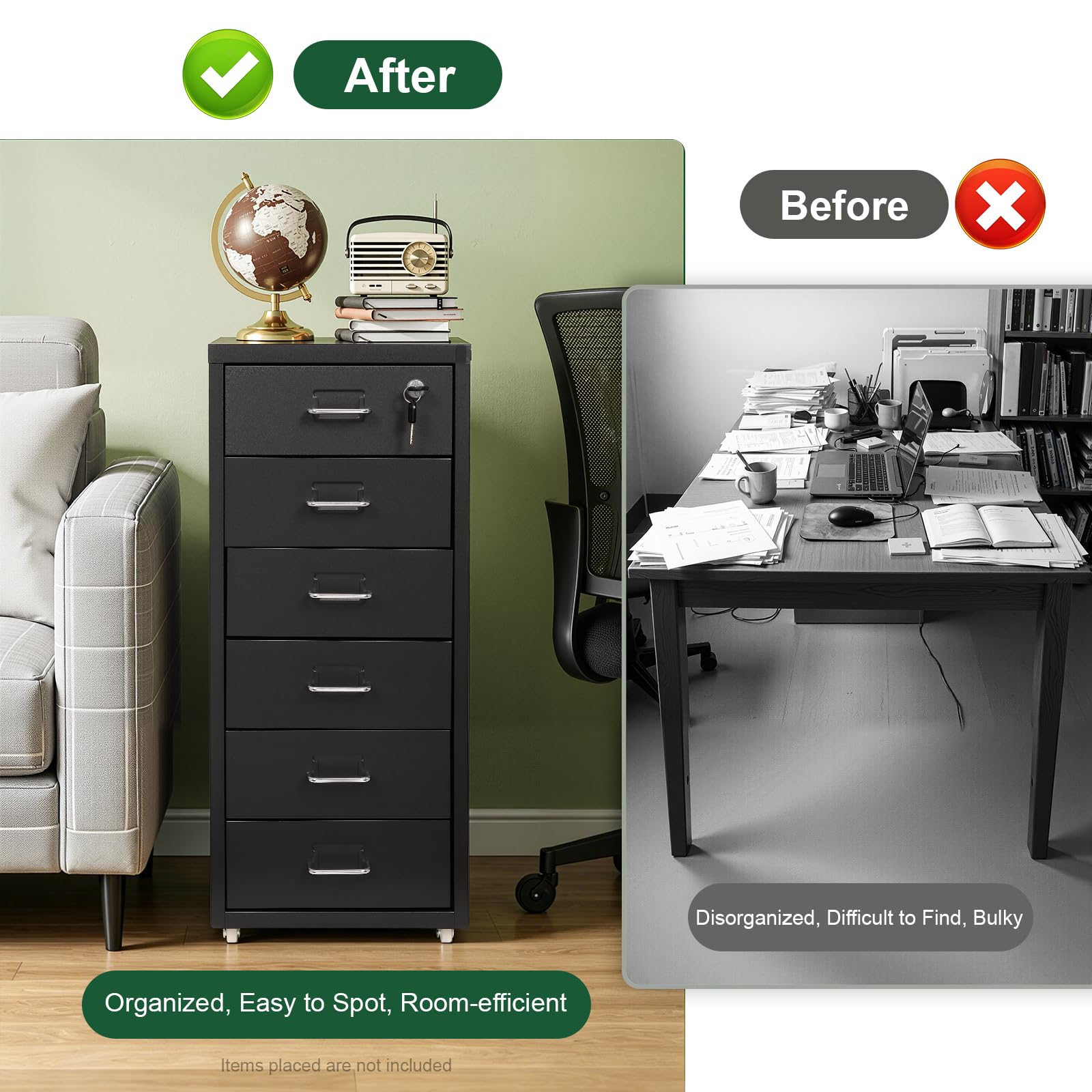 6 Ebenen Mobiler Vertikal Aktenschränke Aufbewahrungsschrank für Homeoffice | Rollcontainer, Metall Aktenschrank mit Schloss, 8-10kg pro Fach, für Homeoffice, Büro, 28x41x69cm, Schwarz
