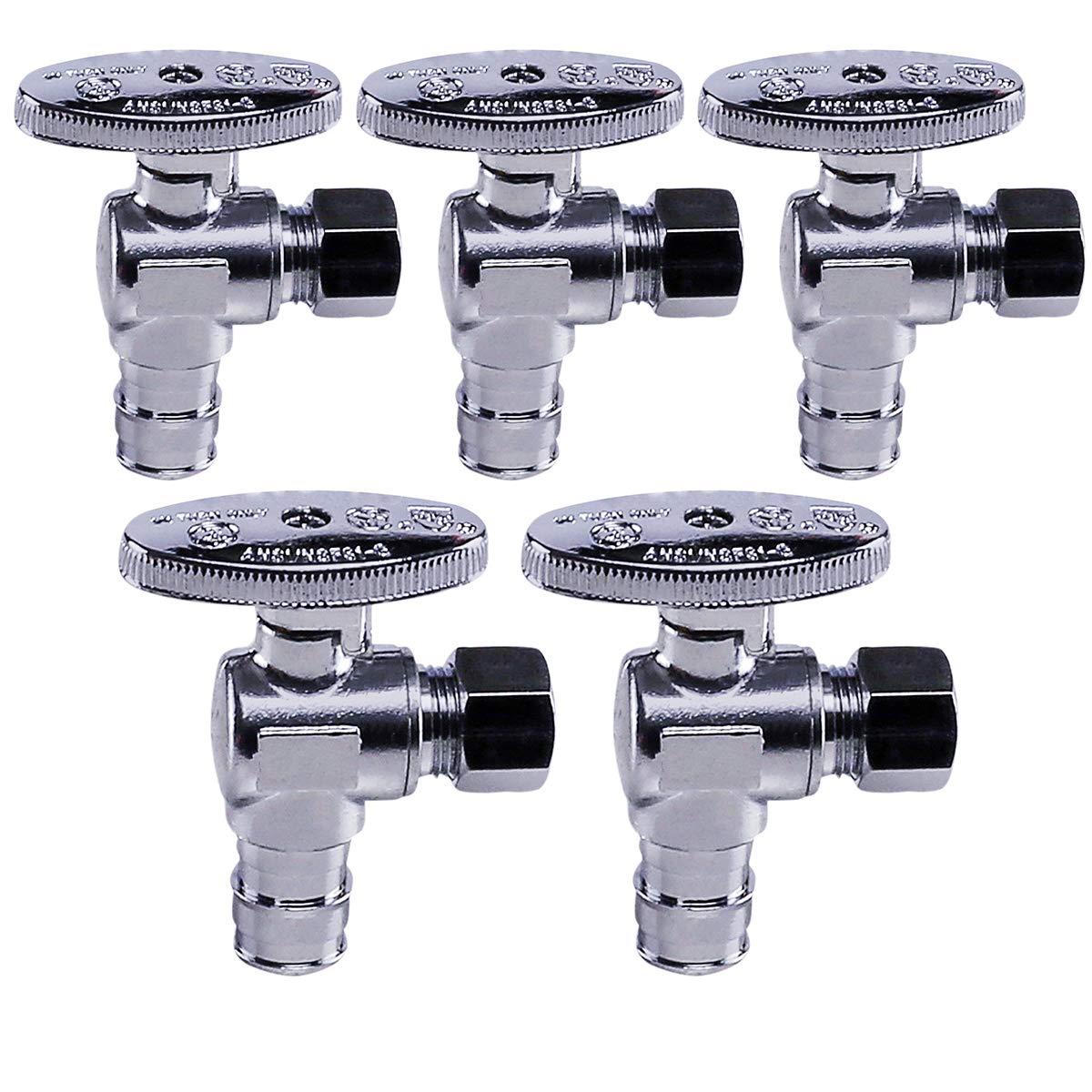 Midline Valve G-81512QS-OM-5 Water Supply Stop Valve with Quarter Turn Wheel; Angle Shut-off for Toilet, Sink, Dishwasher; 1/2'' PEX A x 3/8'' Compression; Chrome Plated Brass (5 PK)