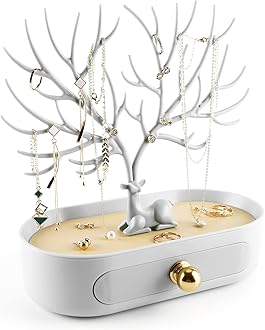 MORE&LESS Antlers Jewelry Display Stand with Aluminium alloy handle, Tree Tower Rack Hanging Organizer for Ring Earrings Necklace Bracelet, Deer Horn Tree Stand with Storage Drawer and Tray