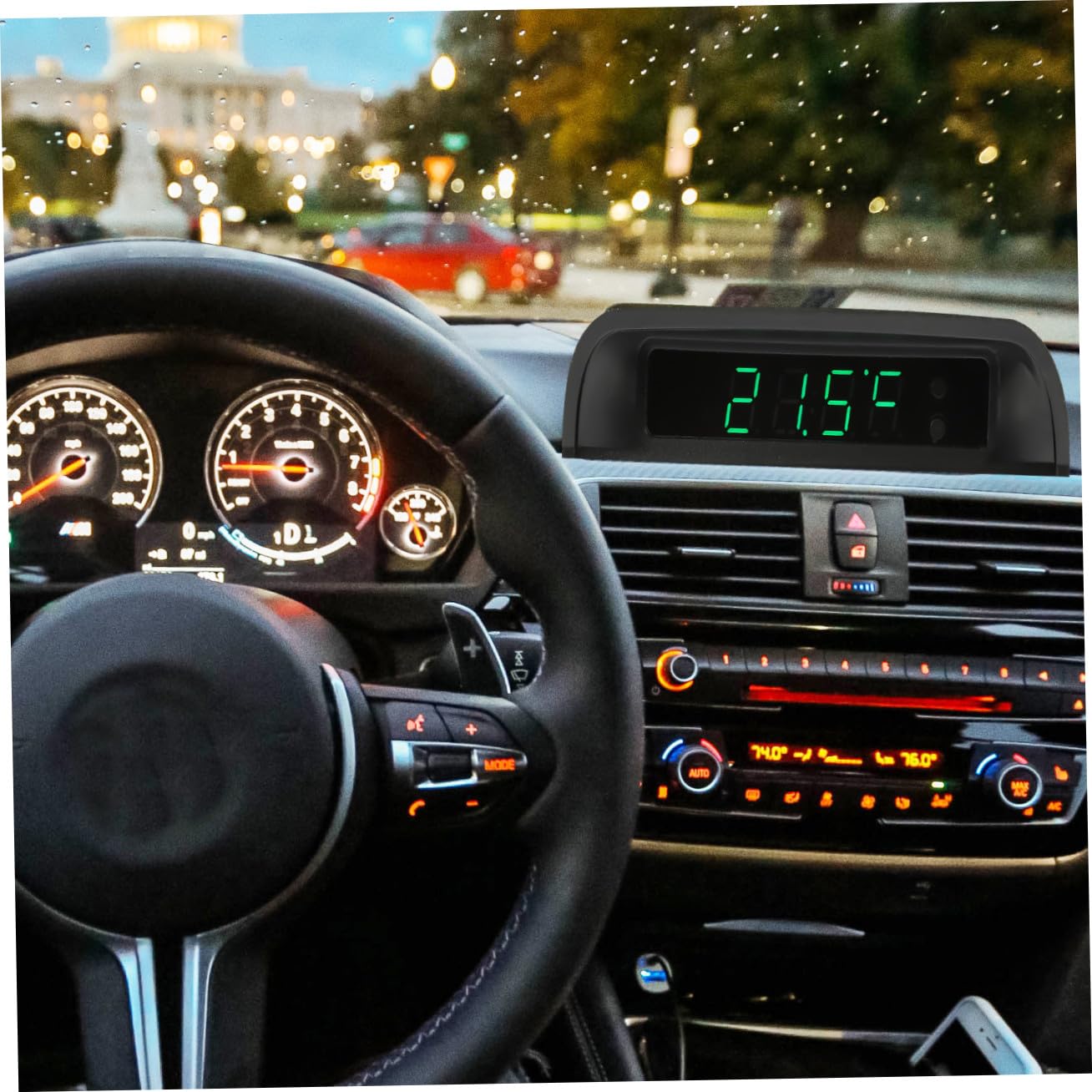 Reloj para Coche con Termómetro Solar Reloj Electrónico de Alta Precisión con Automático de Brillo Pantalla LED Visible Día y Noche Instalación sin Taladro de Energía y Fácil