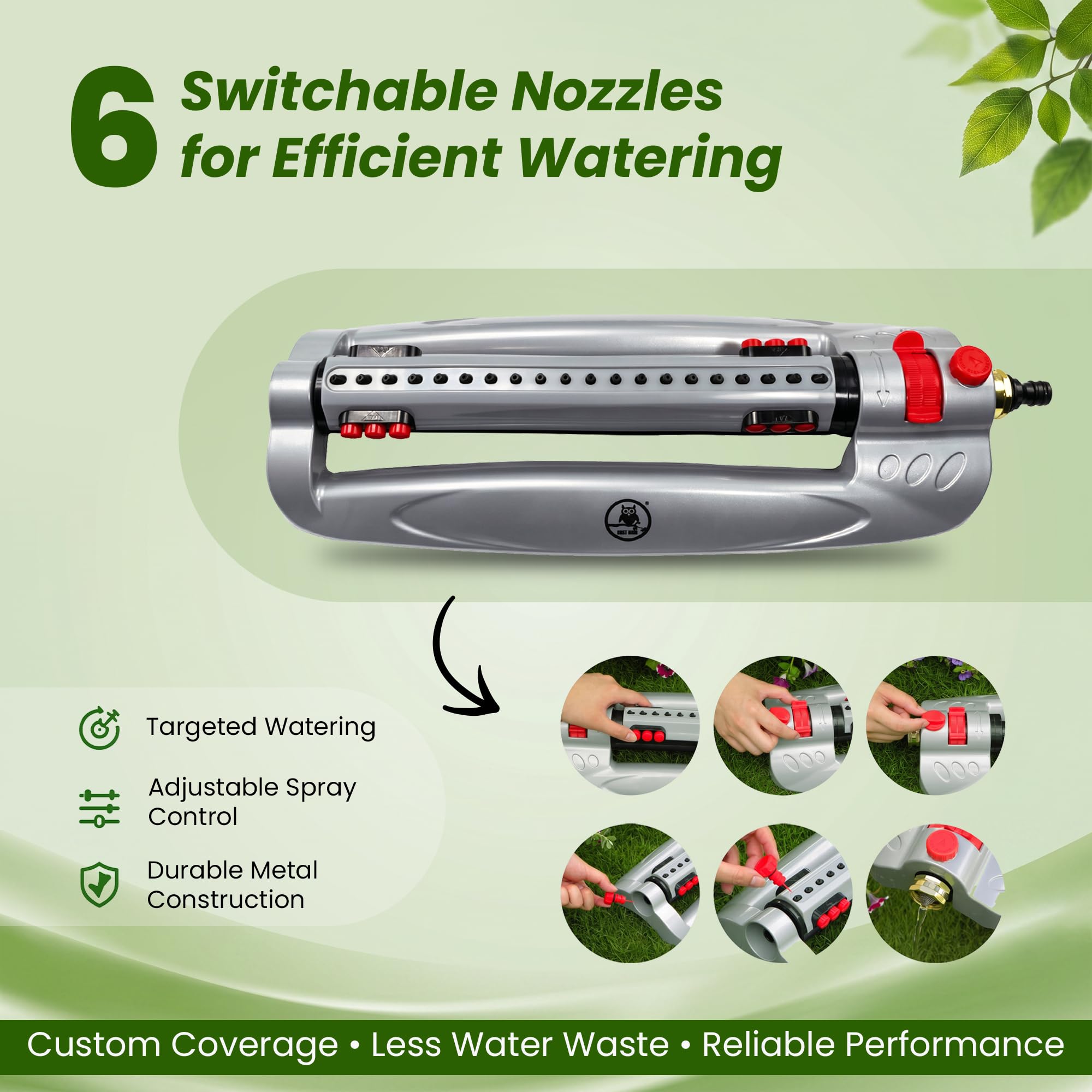 GARDENIX Irrigatore oscillante turbo in metallo con 20 ugelli, copertura di 385 m², portata regolabile, controllo del flusso e blocco del tubo a scatto rapido