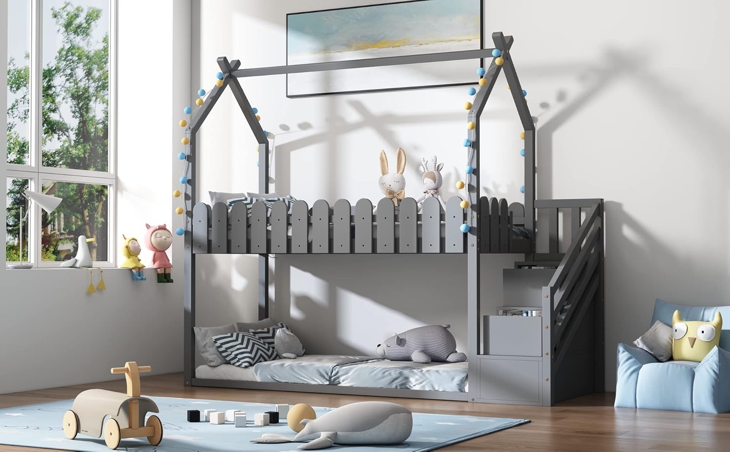Litera con 2 dormitorios, somier y cajones, 90 x 200 cm, cama alta con escalera, cama de madera de pino, cama de casa con protección contra caídas (gris)