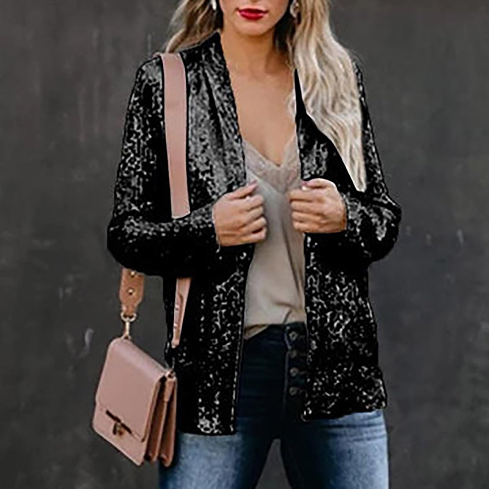 Pailletten Strickjacke Damen, Pailletten Blazer Offen V‑Ausschnitt Jacke