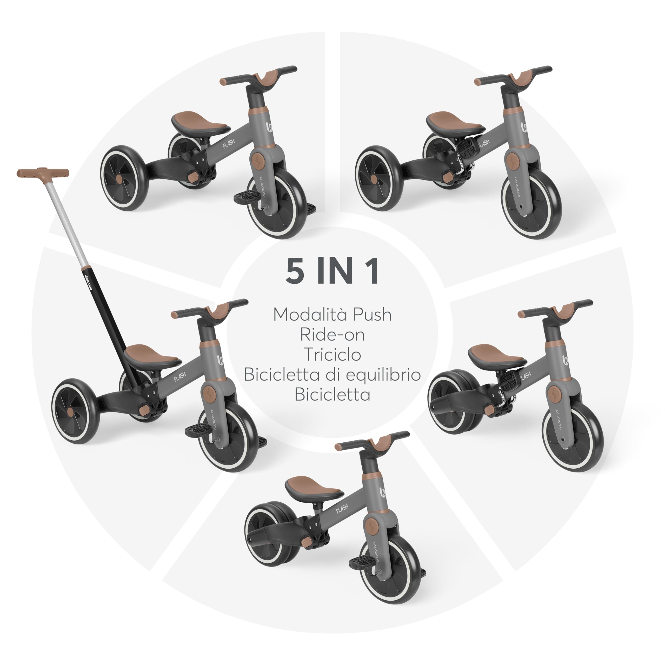 KikkaBoo Triciclo Evolutivo 5 in 1 FLASH, da 18 Mesi a 4 Anni, con Maniglione Regolabile per Genitori, Trasformabile in Bicicletta Senza Pedali, Leggero, Ruote EVA, Telaio in Acciaio, Grigio