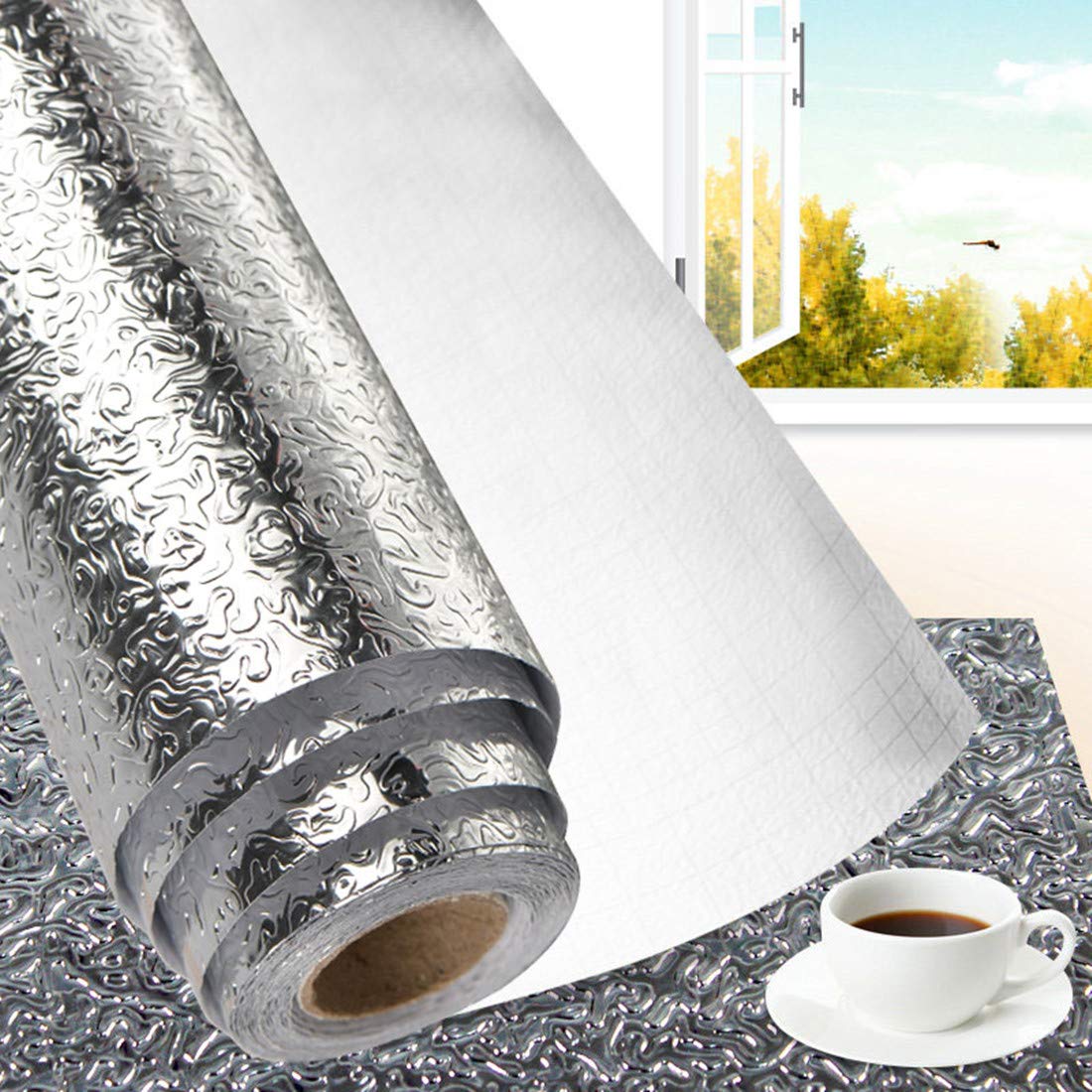 Kitchen stove oil-proof self-adhesive wallpaper15.6 * 196inch anti-fouling high-temperature aluminum foil stickers waterproof cabinets DIY stickers