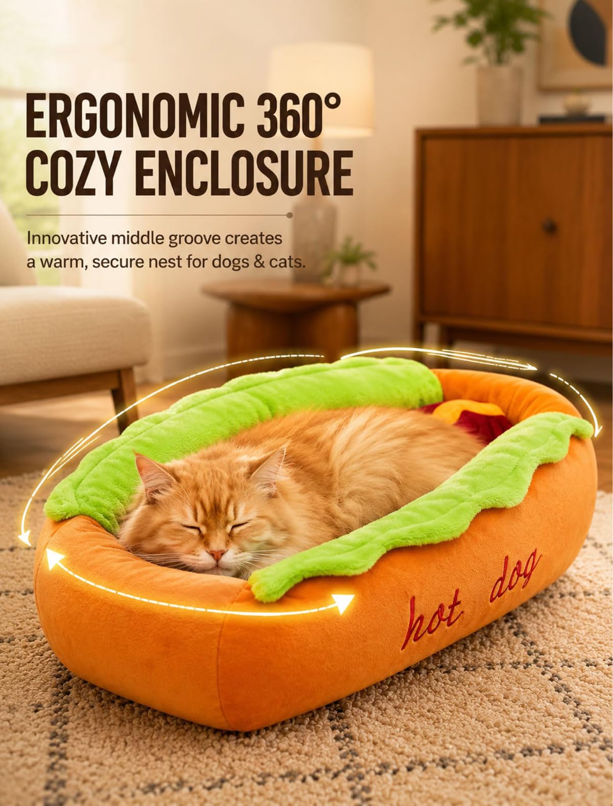 Cuccia a forma di hot dog, cuccia per cani e gatti, lavabile, tappetino rimovibile, base antiscivolo, chiusura lampo, letto per animali domestici rimovibile (M)