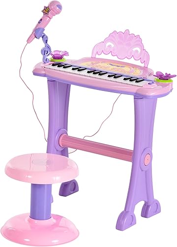 Qaba Piano electrónico de juguete de princesa de 32 teclas para niños, piano educativo con taburete, MP3, grabación, luces intermitentes, micrófono
