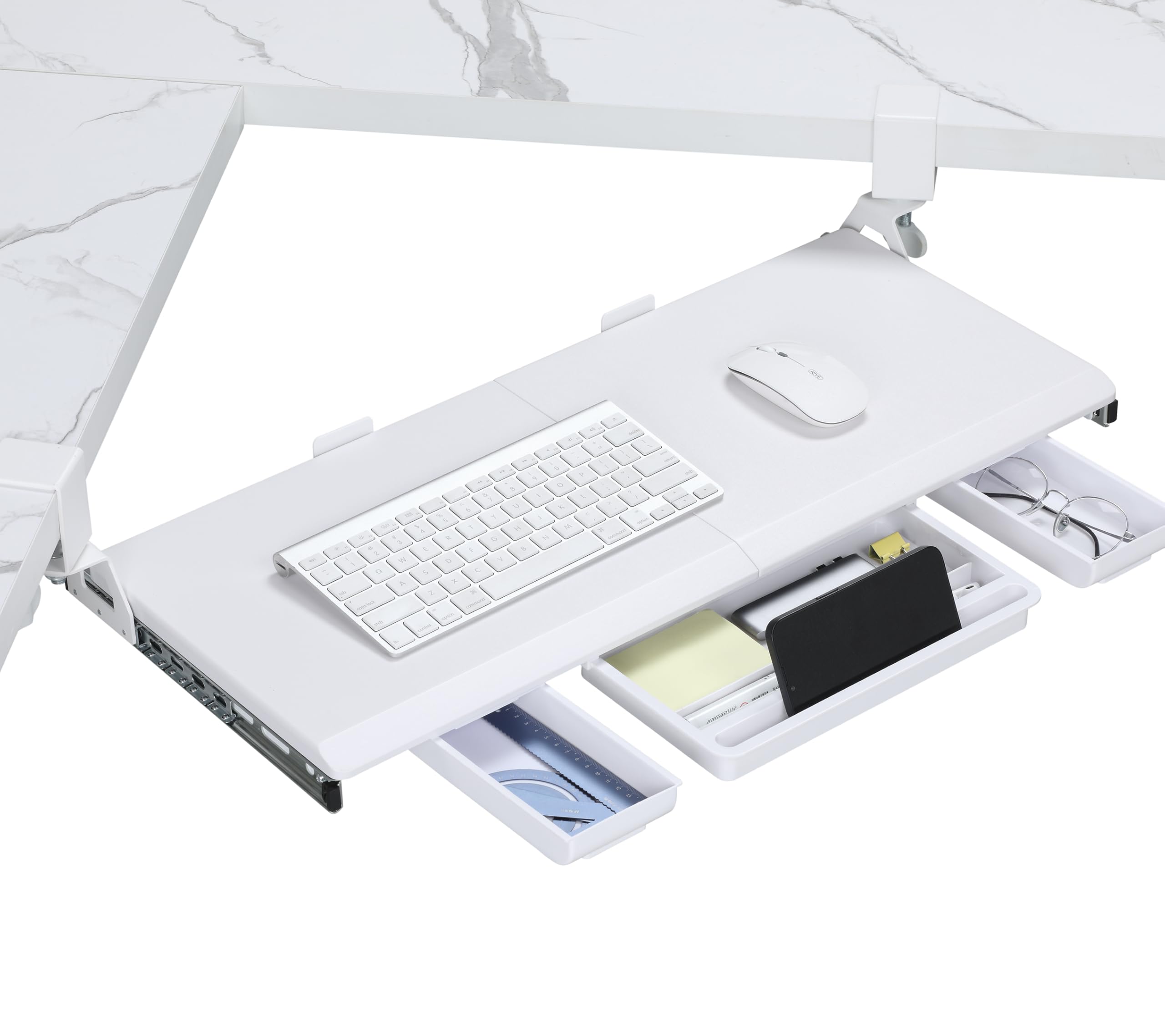 ETHU Tastaturablage unter dem Schreibtisch 680 x 300 mm, Ausziehbare Tastaturablage mit 180° Verstellbarer C-Klemme für L-förmigen Schreibtisch, Computer-Tastaturständer für Zuhause und Büro, Weiß