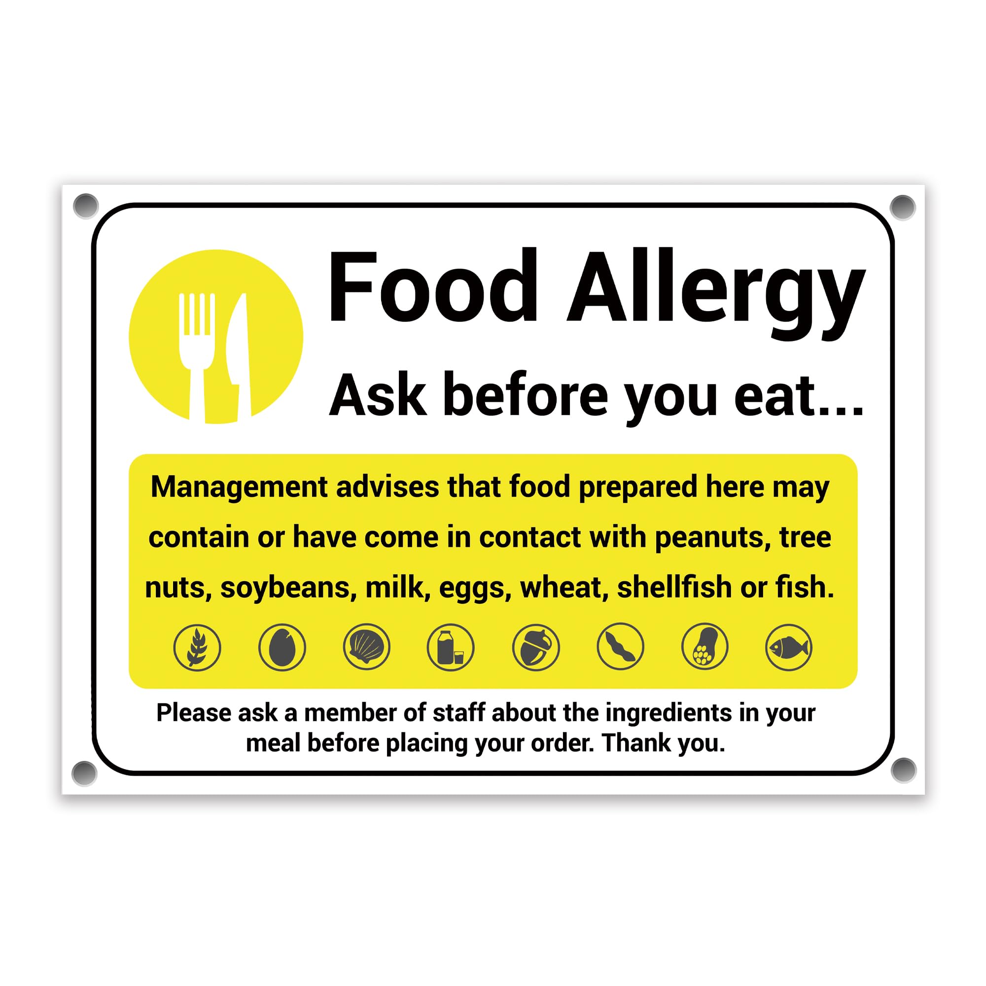 LP Lifestyle Food Allergy Ask Before You Eat Sign - Weatherproof Rust-Free Durable PVC Notice for Restaurants Cafes Takeaways Catering Allergen Awareness No.089 (A3 (297mm x 420mm) – Holes)